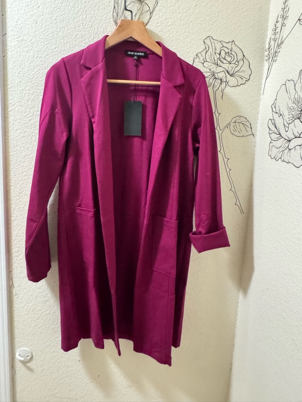 Scarlett Long Open-Front Blazer Coat in Magenta